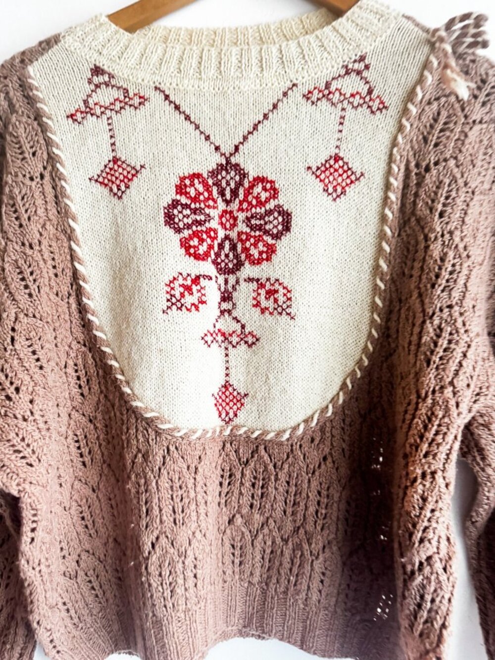 Vintage Crochet Hand knit Two Tone Floral Sweater Top M - Picture 4 of 6